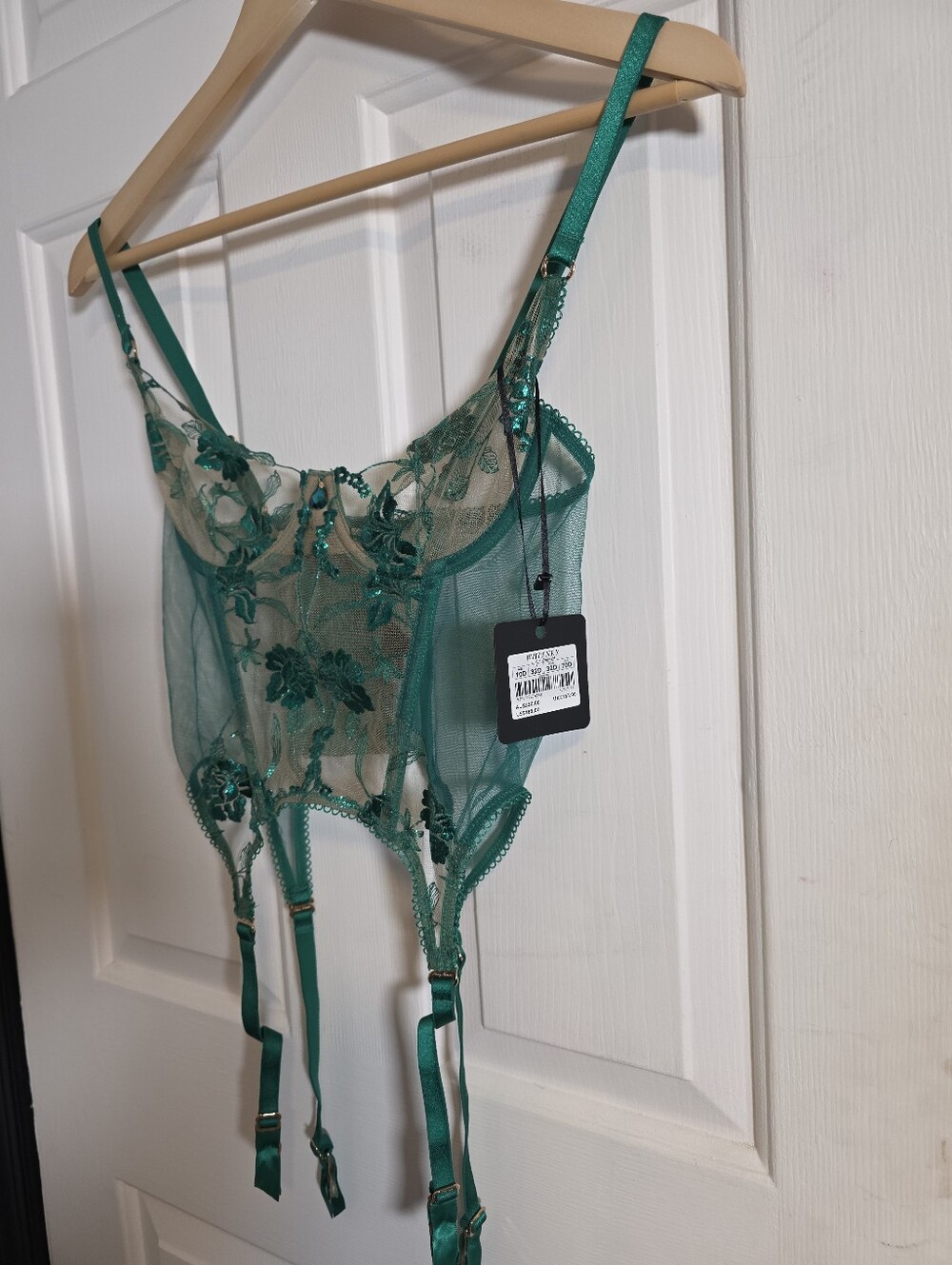 Honey Birdette Whitney Emerald Bustier With Garter Straps Attached Size 32D
